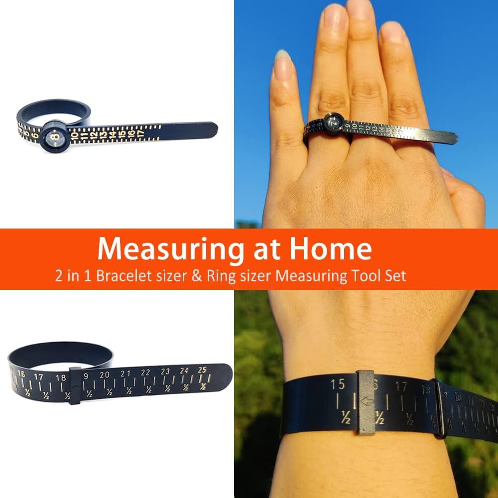 2 in 1 Bracelet Sizer & Ring Sizer Measuring Tool, 15-25 Bracelet  Measurement Tool, 1-17 US Ring Measurement Tool withMagnified GlassFinger  Measure for Ring Size, Wrist Measure for Bracelet Black