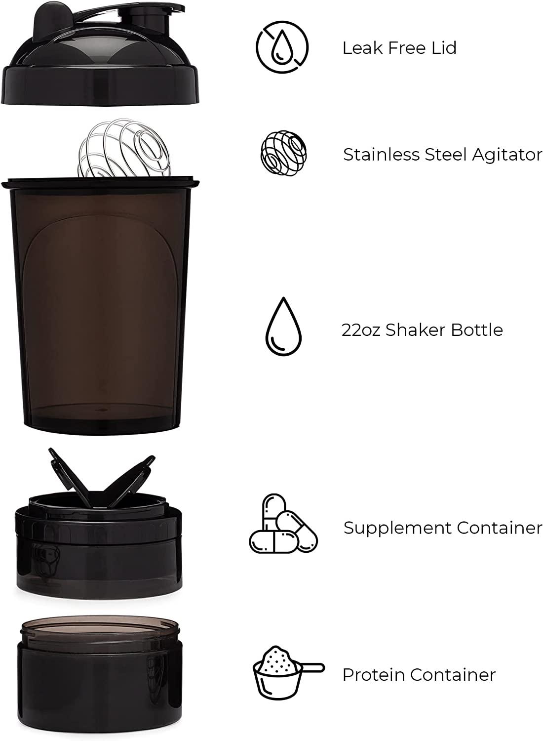 [2 Pack] 20 Ounce Shaker Bottle with Attachable Storage Compartments