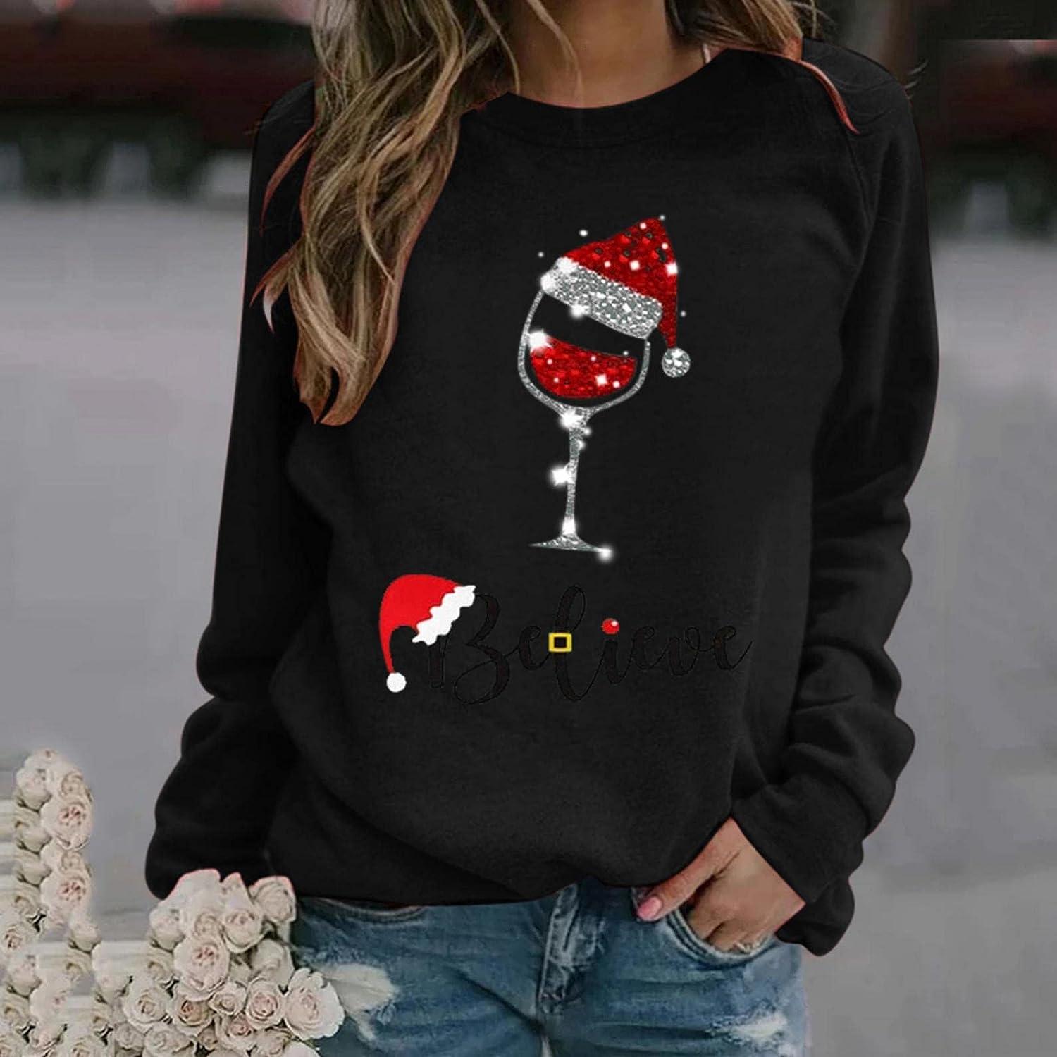 Kiasebu Fall Sweatshirts for Women, Womens Long Sleeve Tops Dressy Casual  Wine Bottle Print Christmas Shirts Pullover Sweater XX-Large Black