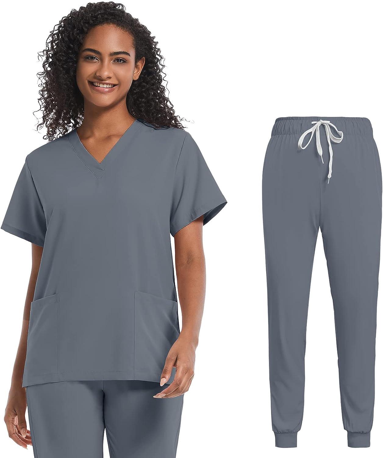 Scrubs Set for Women Joggers V-Neck Pocket Top Uniforms Athletic Stretch Set  Workwear Drawstring Threaded Pant Legs Grey Small