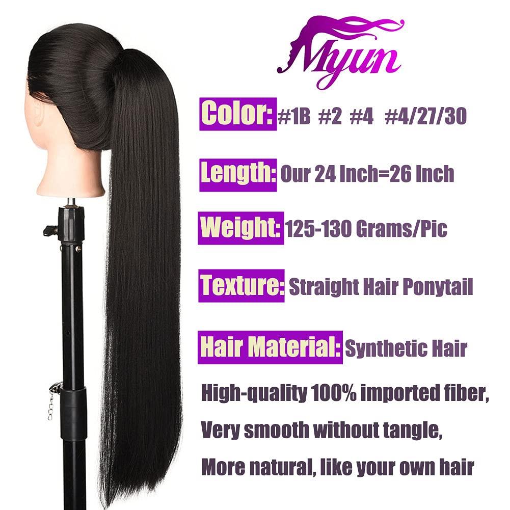24 Inch (Can Be 26 Inch) Straight Hair Ponytail 2 Clips in Ponytail Hair  Extensions Straight Hair Drawstring Ponytail For Ladies 130g/Piece  Synthetic Hairpiece Ponytail Smooth &Soft Natural Black(1B) straight#1b