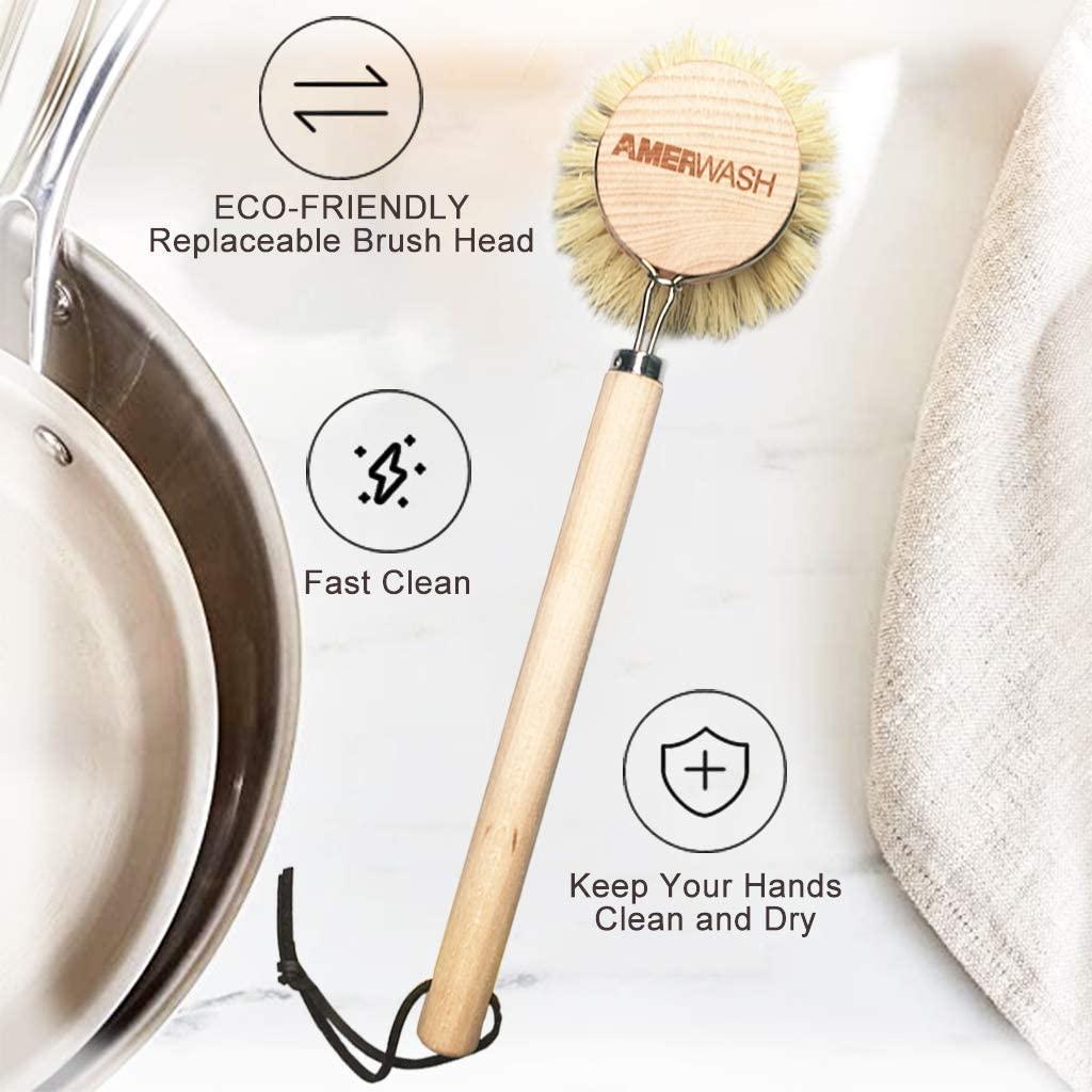 Dish Brush with Bamboo Handle, 2 Pack Dish Scrubber Brushes, Kitchen Scrub  Cleaning Brush for Dishes, Pot, Pans, Cast Iron Skillet, Bottle, Sinks