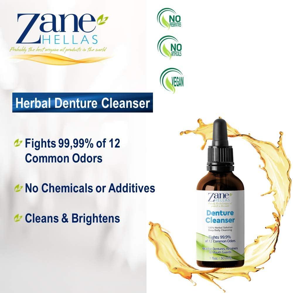 Zane Hellas Denture Cleaner. Oregano Oil Power. Ideal for Dentures Retainers Braces Mouth Guards
