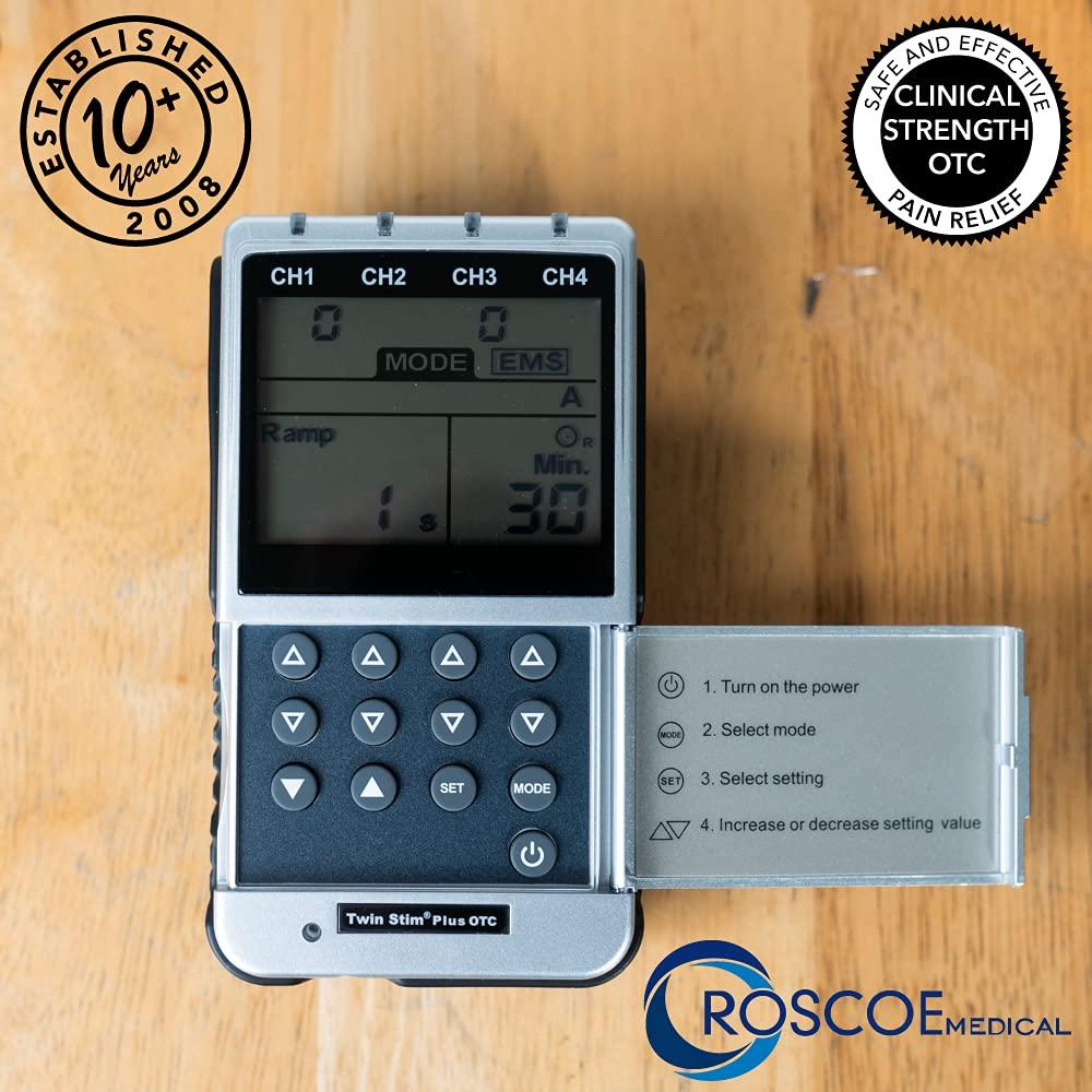 Roscoe Medical TENS Unit and EMS Muscle Stimulator - 4-Channel OTC TENS  Machine for Back Pain Relief, Lower Back Pain Relief, Neck Pain, Includes  Case, Pain Relief, Muscle Recovery