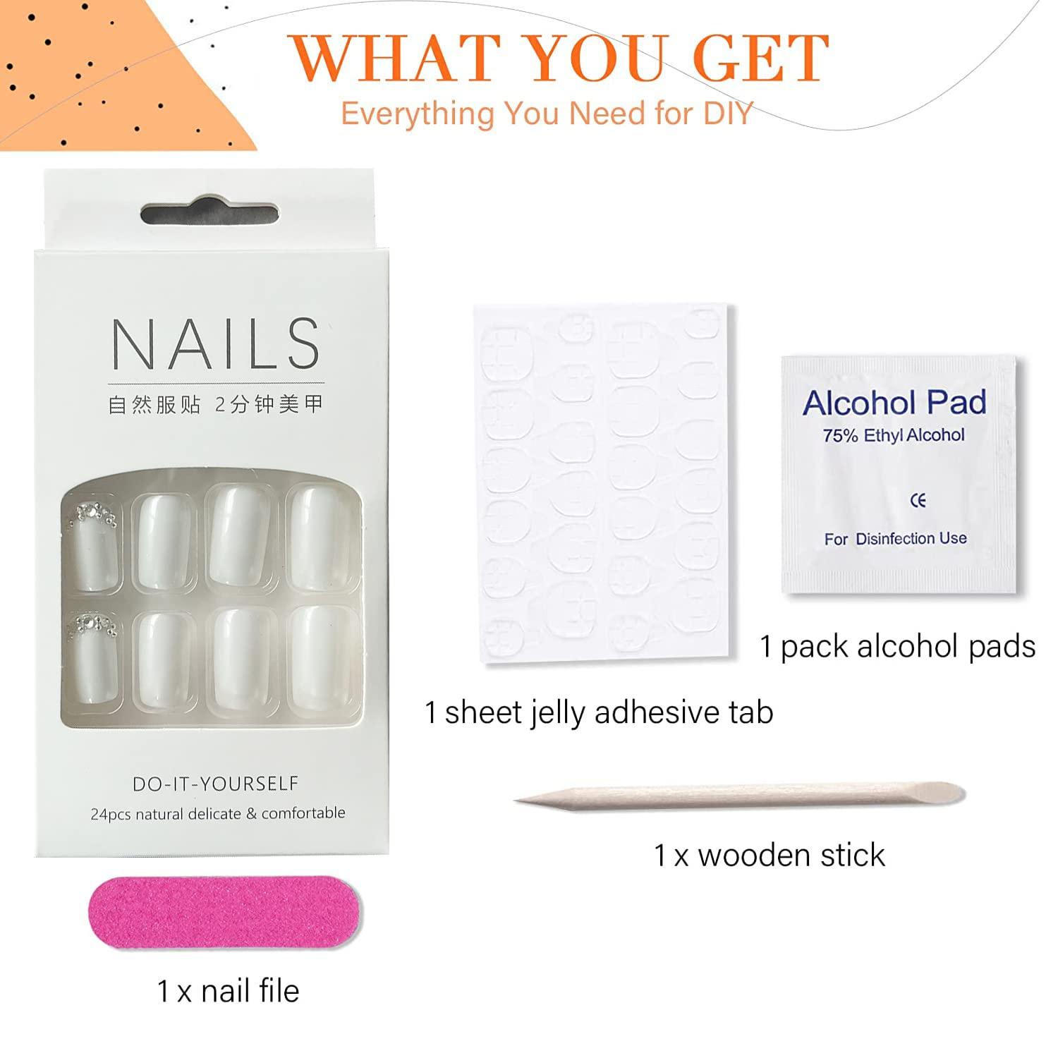Square Press on Nails Short White Fake Nails Acrylic Artificial Glue on  Nails Decorations Sequin False