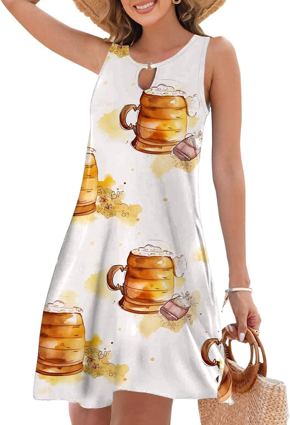 Women's Summer Dress 2023 Fashion Bohemian Print Cover Up Round Neck Sleeveless Tank Top Dress Oktoberfest Beer White Medium