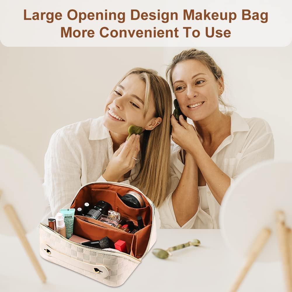  Makeup Bag for women Large Brown Checkered Makeup Bag