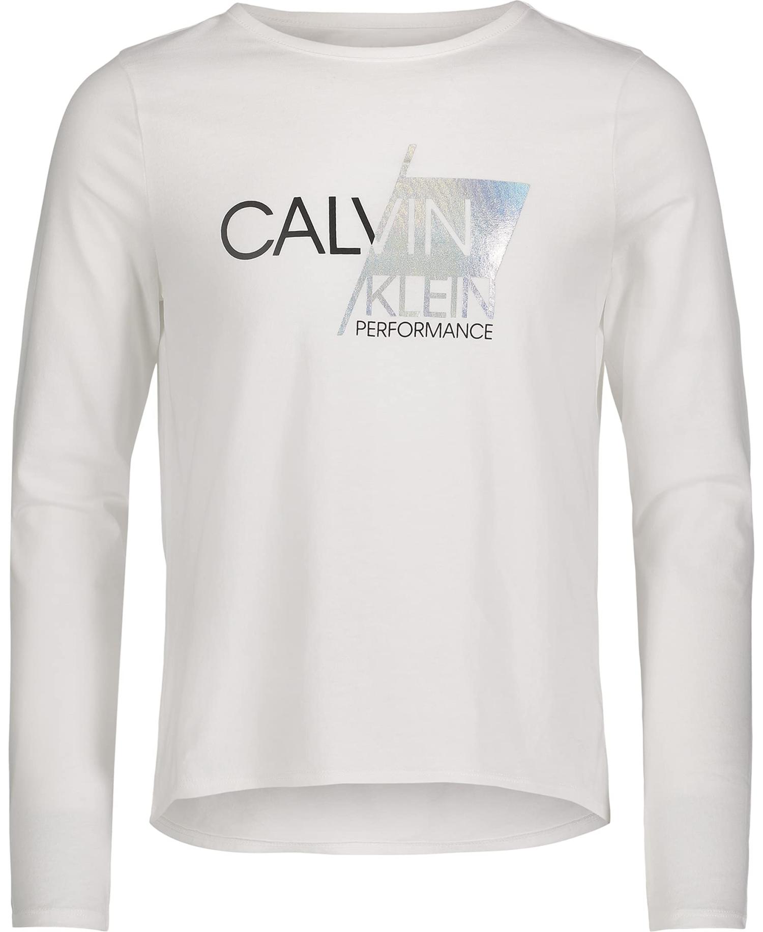Calvin Klein Girls\' Performance Long T-Shirt 8-10 Slant White Sport Sleeve