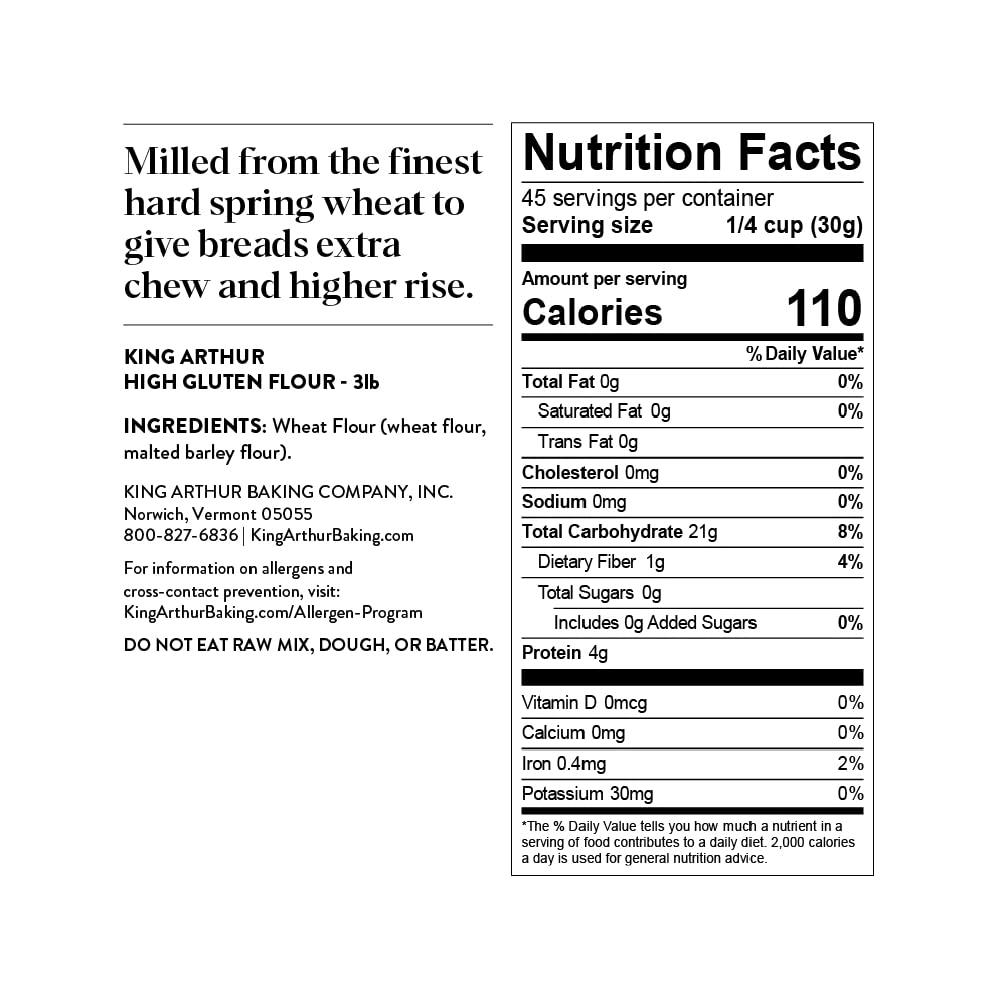 King Arthur High Gluten Flour 3 lb High Protein White Flour 48 oz