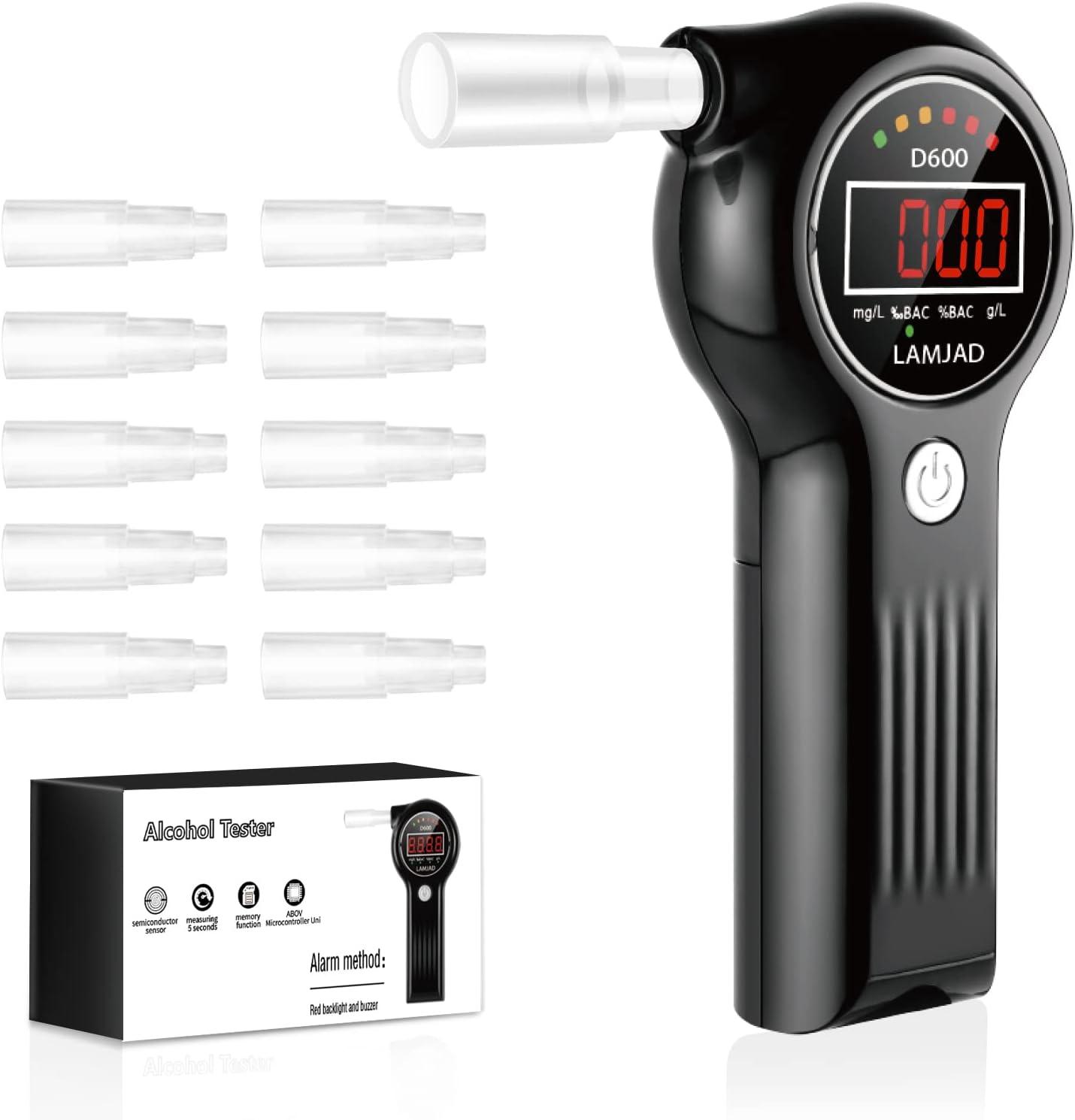 LAMJAD Breathalyzer, Professional Alcohol Tester with 10 Mouthpieces, Alarm  Light and LED Display, Portable Breathalyzer for Personal and Professional  Use(D600)