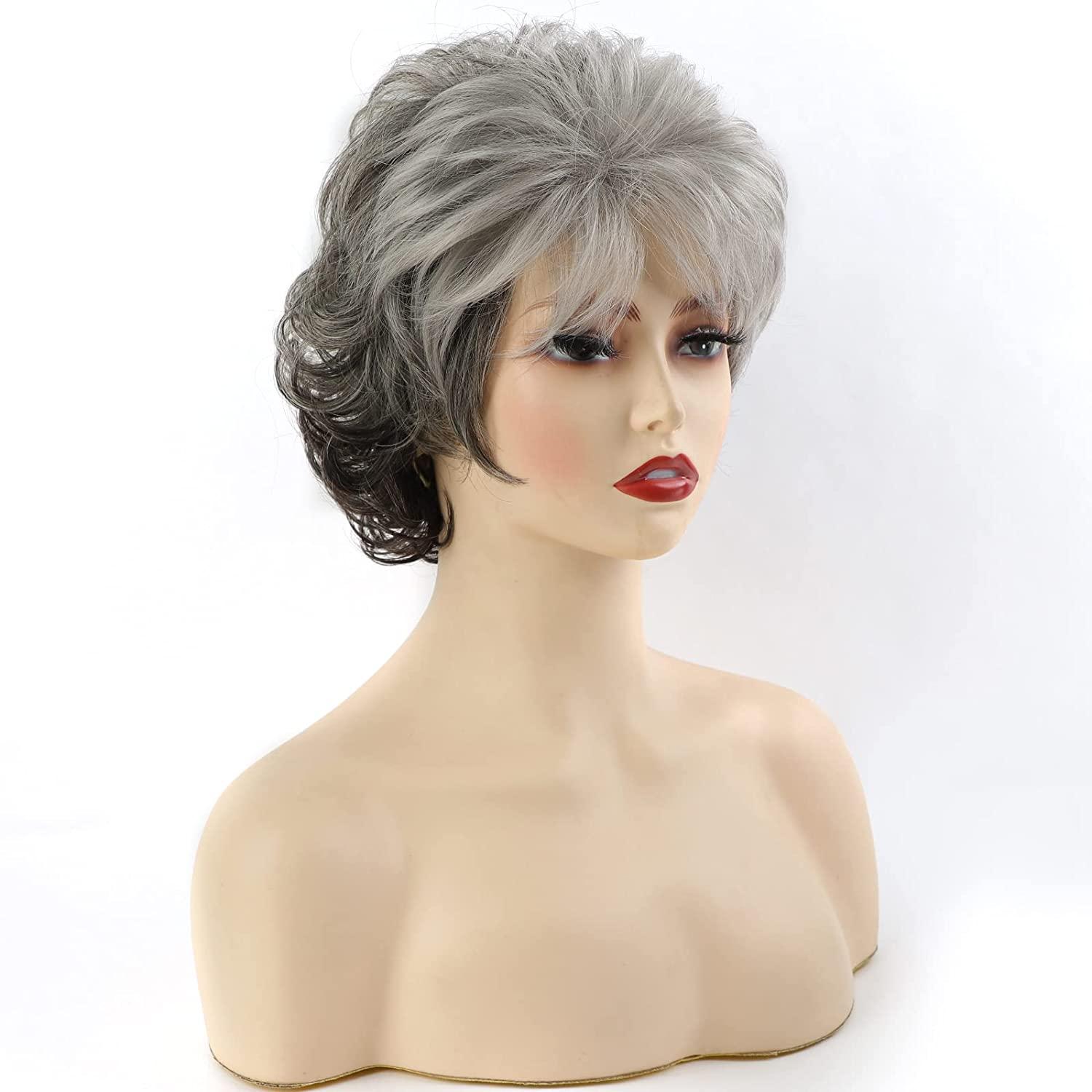Short Gray Pixie Cut Wig for White Women Silver Grey Curly Wig with Bangs