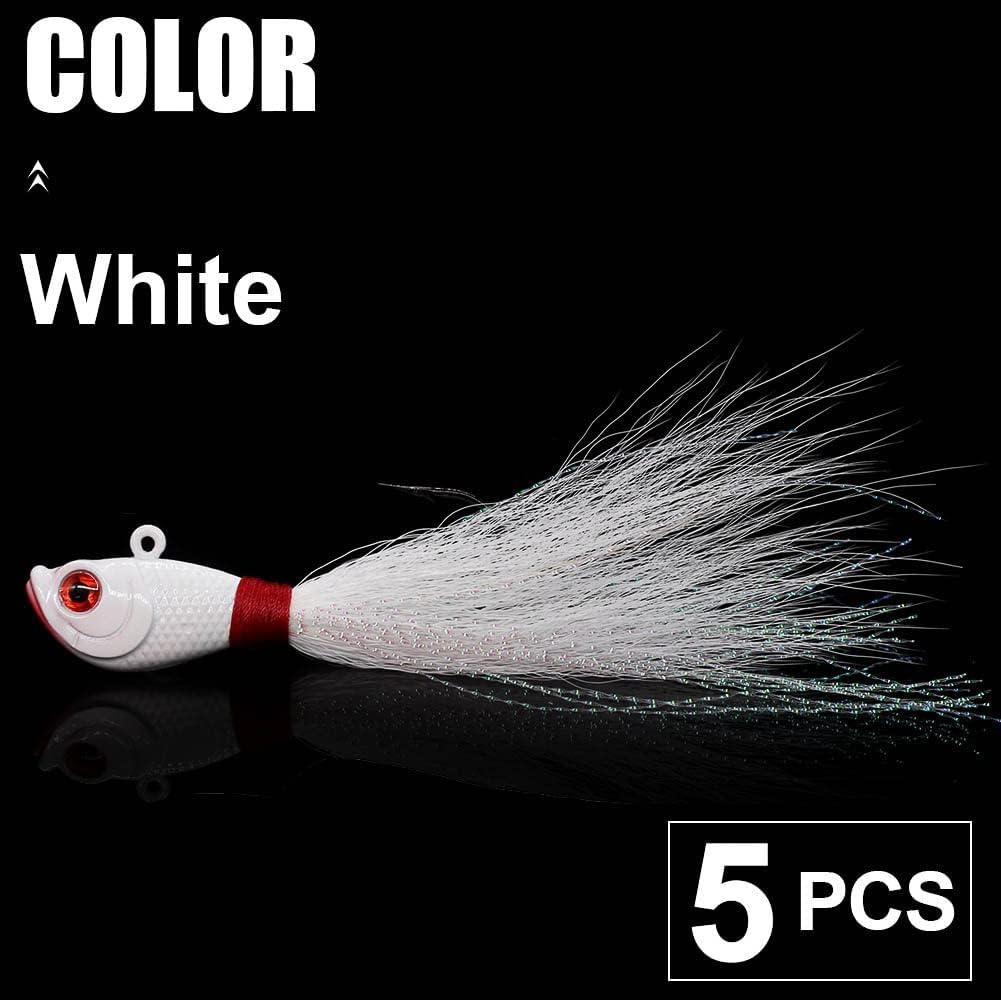 Bucktail Jigs Saltwater Hair Jigs Head Flukes Fishing Lures Assorted Kit  for Striped Bass Walleye Snook Rockfish 1/4oz 1/2 oz 1oz 2 oz Pack of 5 1/4  oz 5 pack All White -5 Piece Kit