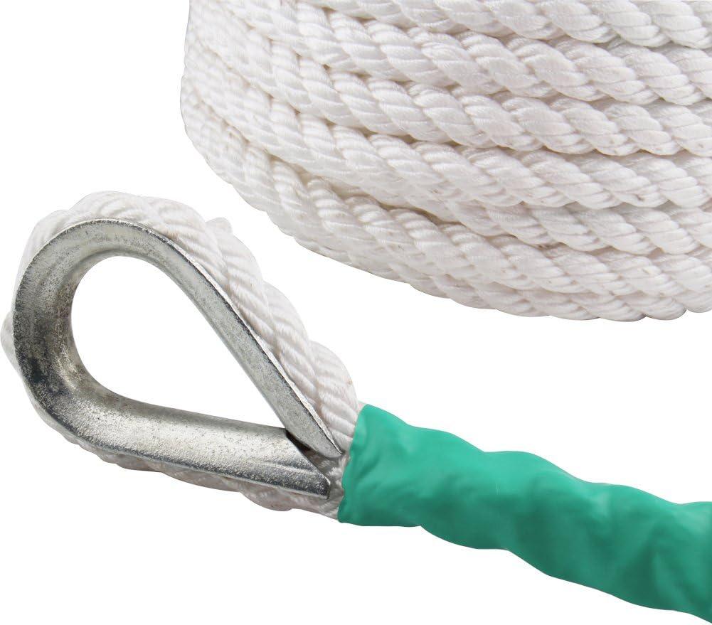 Boat Anchor Rope 200 ft x 1/2 inch Polypropylene Rope 3 Strand Twisted Anchor  Line for Sailboat Sled Line Mooring with Thimble 5850LB Breaking Strain 1/2  inch 200 ft