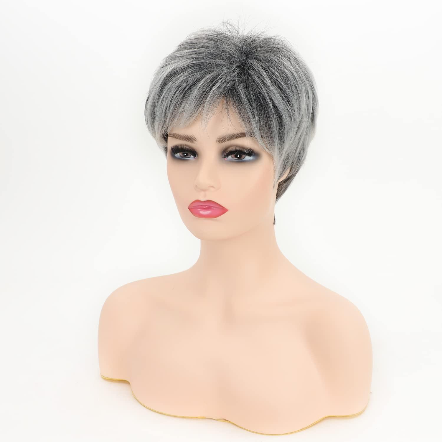 Short Grey Wig Pixie Cut Wig with Bangs Mixed Grey Wigs for White