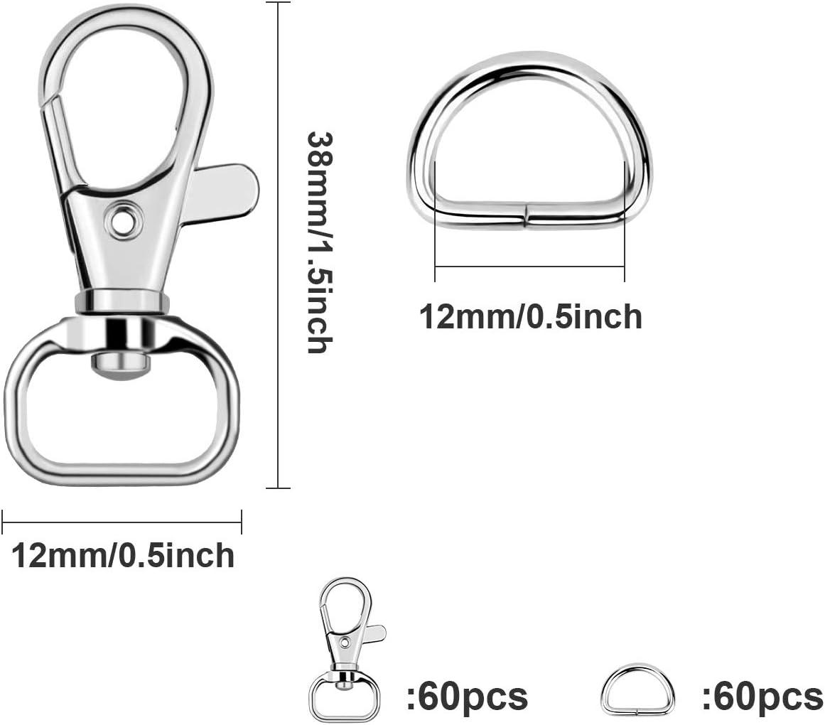 SANNIX 120 Pcs Keychain Clip Hooks with D Ring Include 60Pcs Swivel Snap  Hooks Lanyard Clip and 60Pcs D Ring for Purse Hardware Sewing Projects (1/2  Inside Width) Silver
