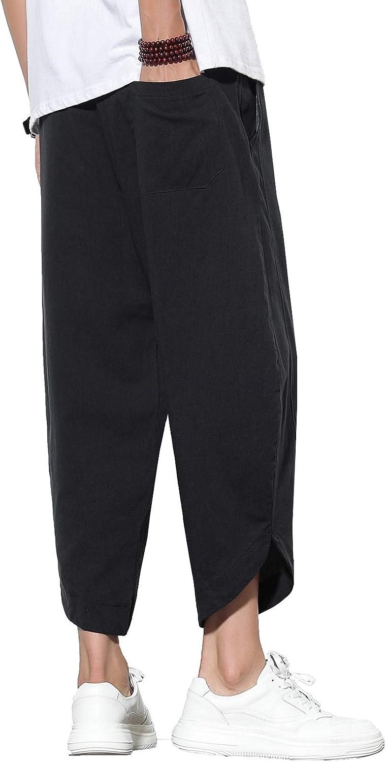 Men Cropped Trousers Linen Cotton Capri Pants Harem Shorts Baggy Calf Length