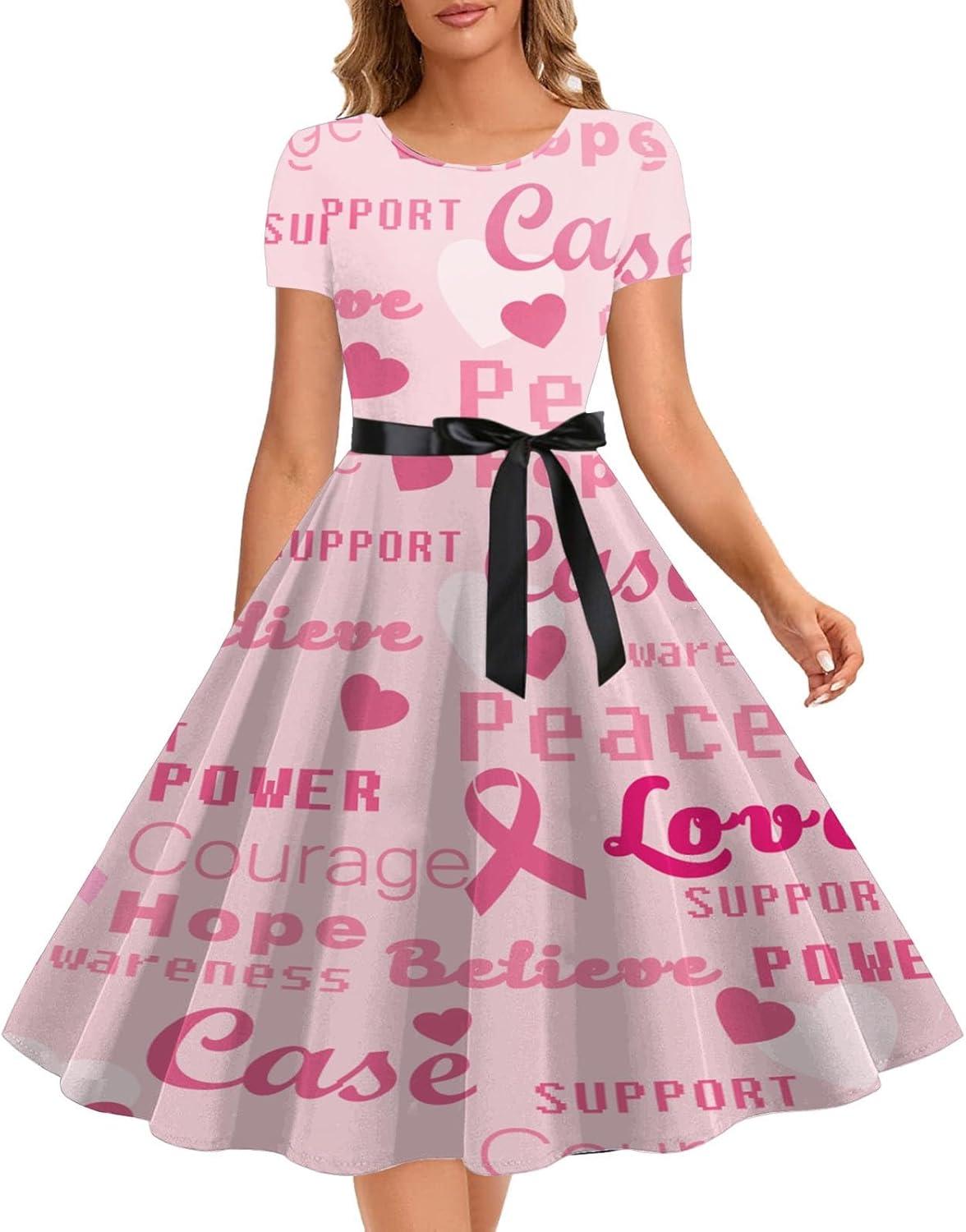 Yihaojia Womens Breast Cancer Dress Short Sleeve/Sleeveless Round Neck A Line Dress Pink Ribbon Print Midi Dress Pink#51 Medium Yihaojia Womens Breast Cancer Dress Short Sleeve/Sleeveless Round Neck A Line Dress Pink Ribbon Print Midi Dress Pink#51 Medium