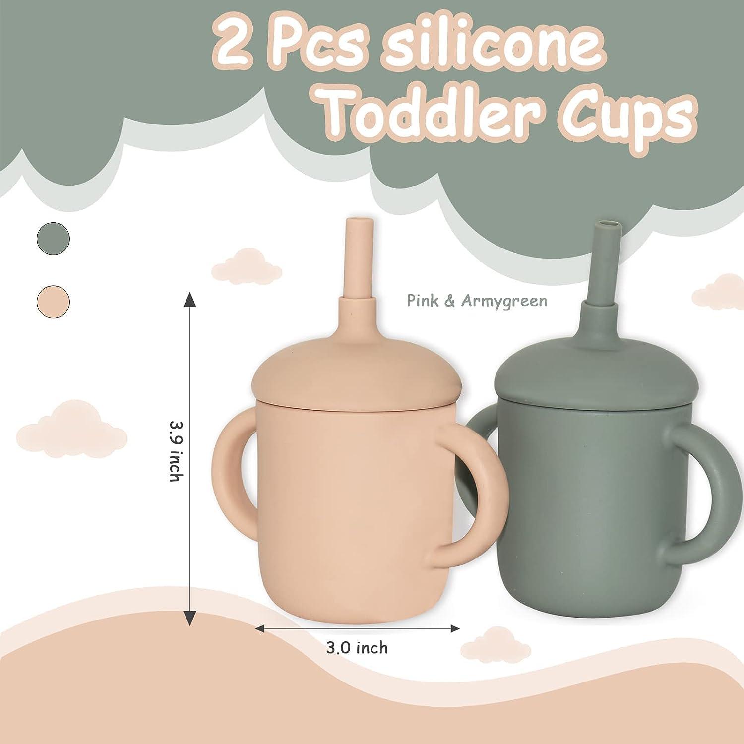 Silicone Straw Cup Baby Trainer Cup 100% Soft Silicone Straw Trainer Cup  For Infant Bpa-Free Unbreakable Spill Proof And Non-Slip Handles Sippy Cup  for Toddlers 5 Oz (Pink & Armygreen 2 Pieces)