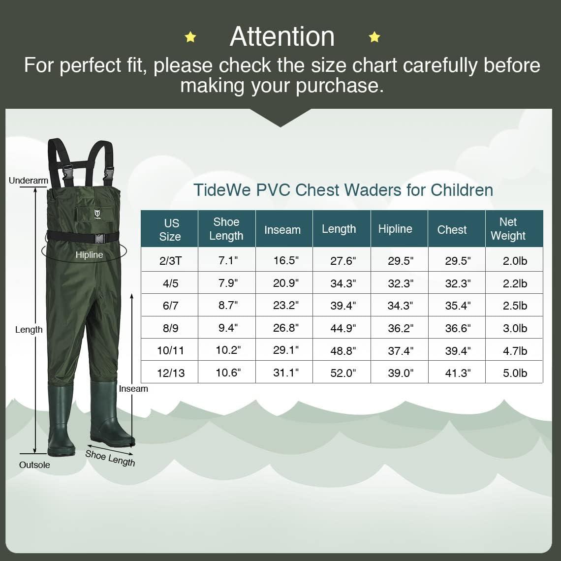TIDEWE Chest Waders for Kids, Waterproof Youth Waders with Boot Hanger,  Lightweight Durable PVC Waders for Fishing & Hunting Green 6/7 Little Kid