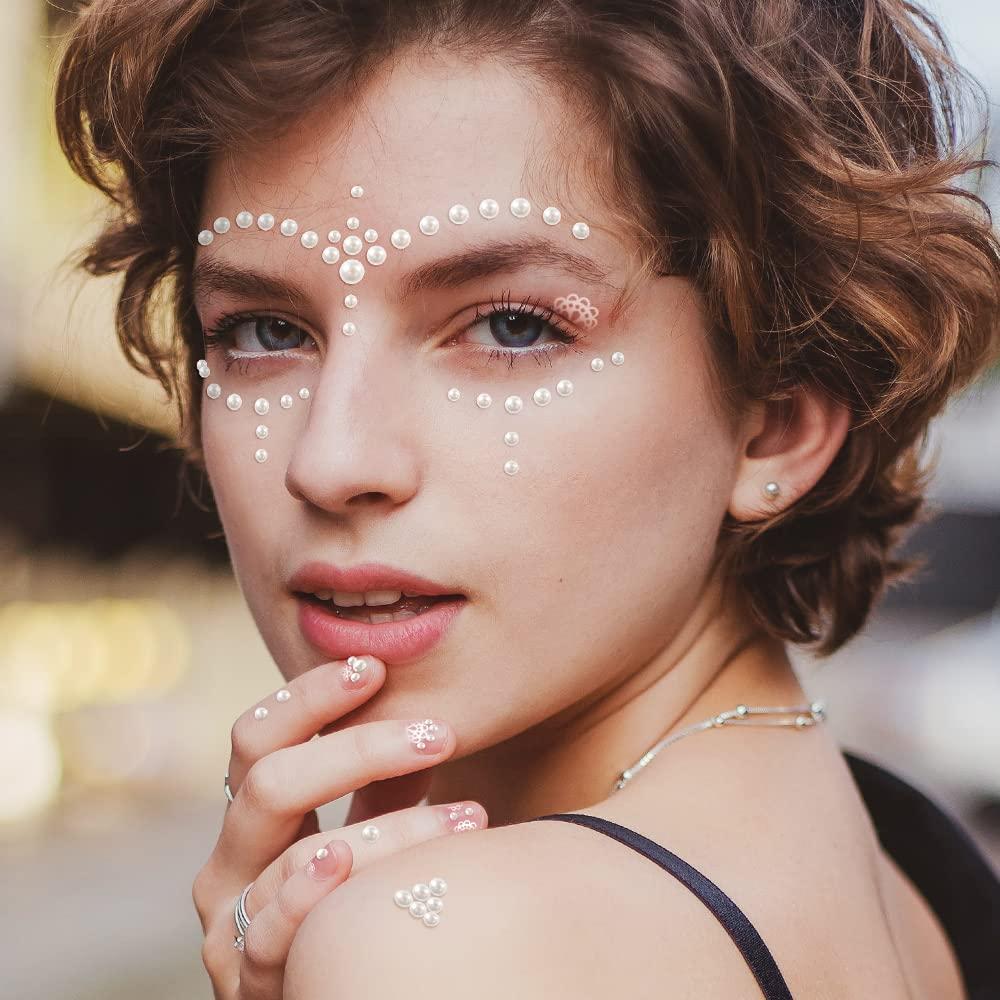 White Pearl Eyes Face 3D Self Adhesive Nail Rhinestones Temporary Tattoo  Gems Dots Jewelry DIY Body Art Accessories Festival Decorations 4 Sheets