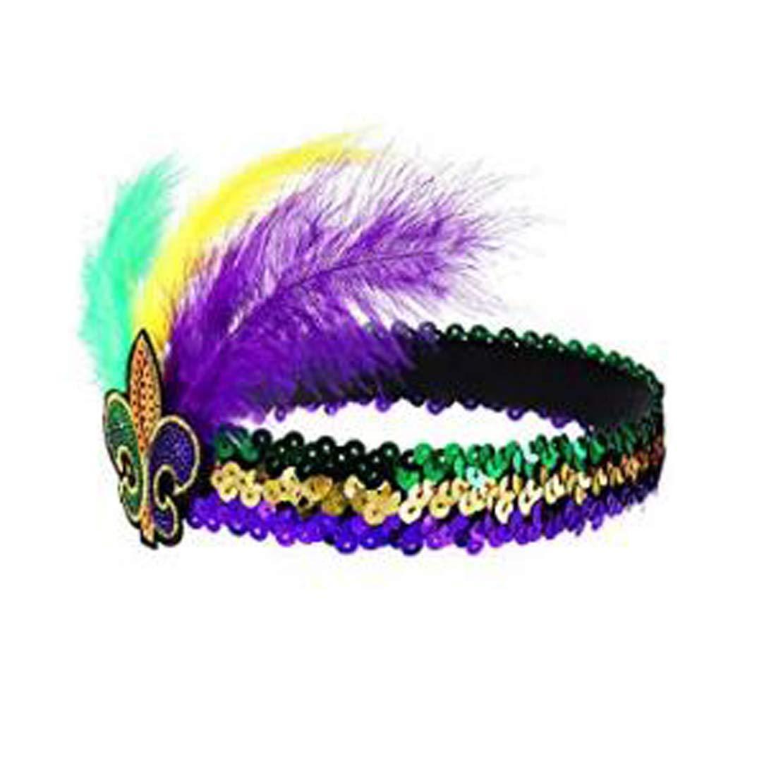 Mardi Gras Feather Headband Sequins Glitter Hair Band for Adult Women Men  TSFD14 (Purple)