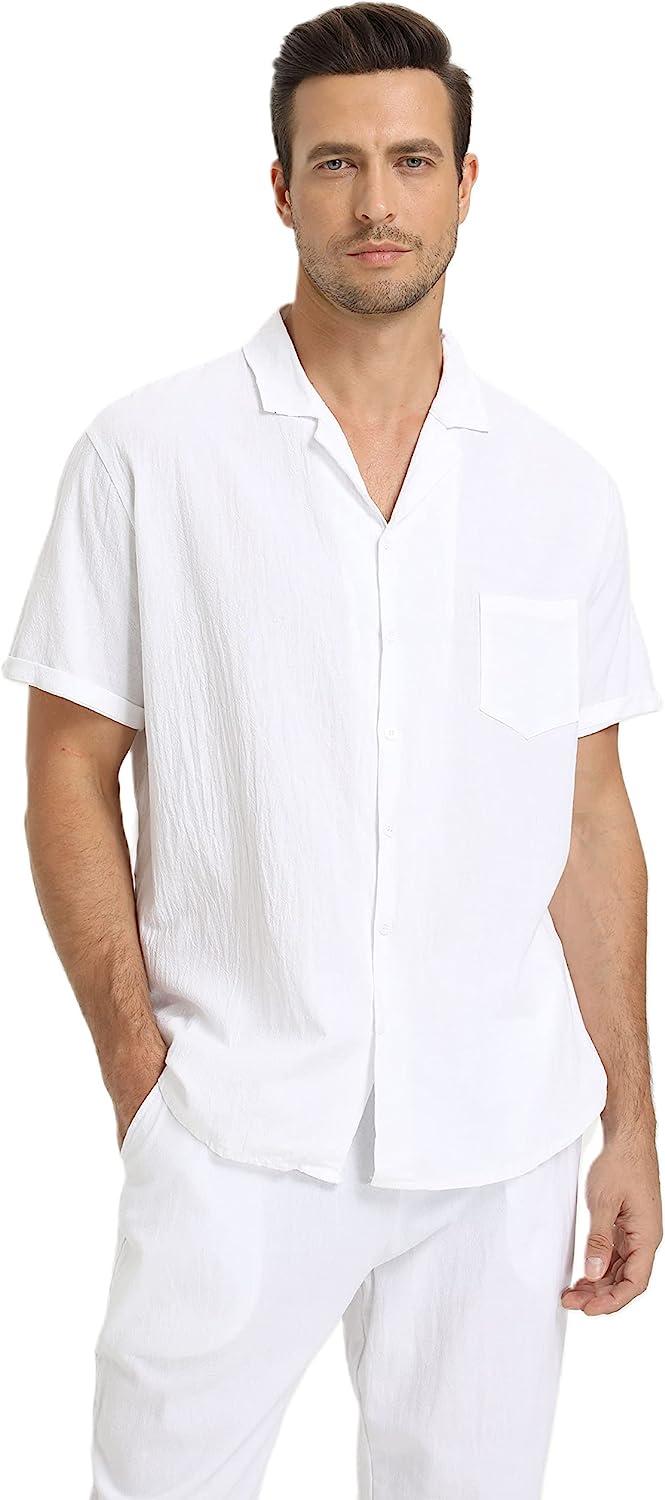 RPOVIG Linen Shirt Pants Outfits:Men's Linen Sets 2 Piece Short Sleeve  Shirts Yoga Pants Beach Wedding Suits X-Large White