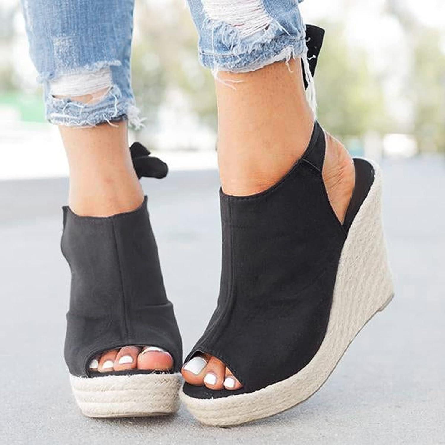 Women's Black Madelyn Strappy Braided Suede Wedge Sandal | TOMS