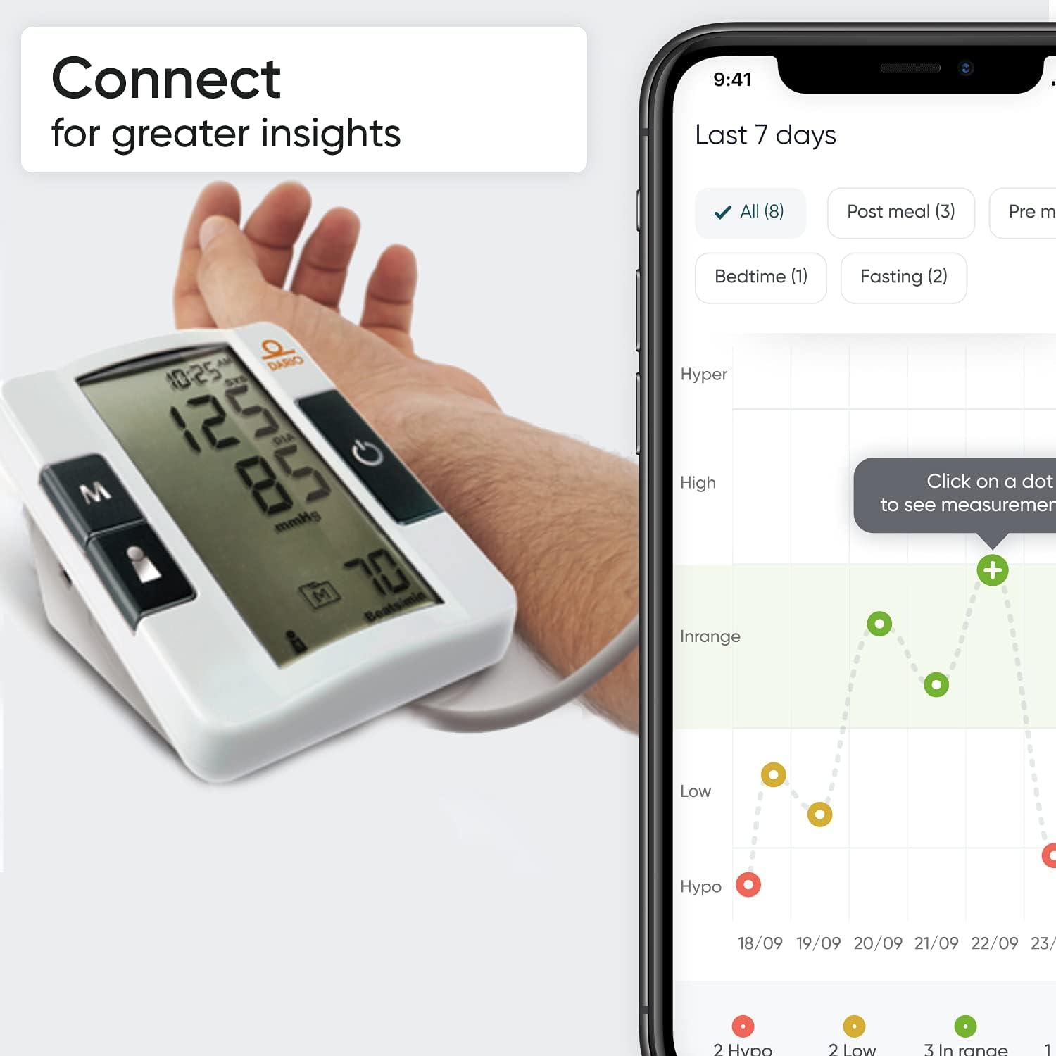 Dario Blood Pressure Monitor Upper Arm for Easy Reading: Blood Pressure Cuff,  Carrying Bag, Batteries. Bluetooth to Dario App for Data Tracking and  Sharing - Large Cuff 9.4-17 Inch /24-43cm 