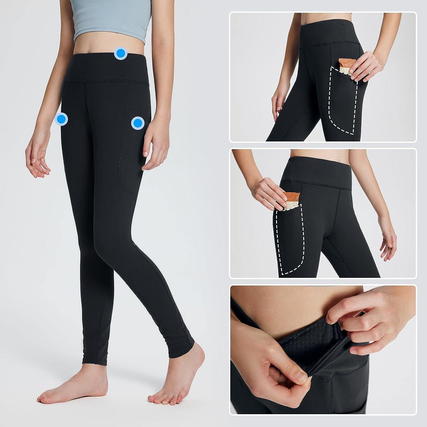 BALEAF Youth Girl's Fleece Lined Leggings Water Repellent High Waisted Winter  Warm Athletic Pants Hiking Running Yoga Black Medium