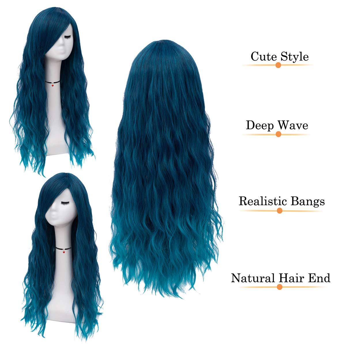 Mildiso 26 Blue Curly Wavy Wig with Bangs for Women Natural and