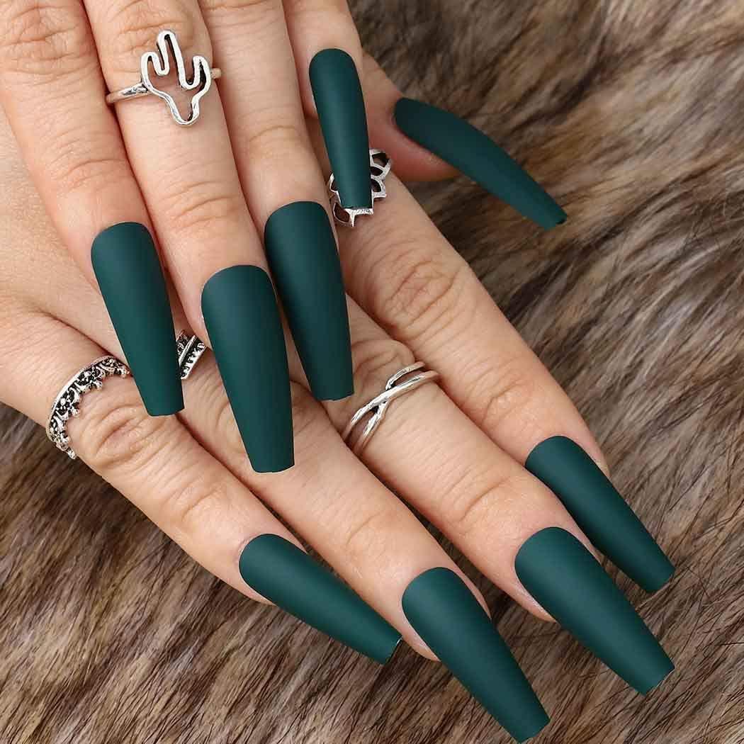 24 Green Press On Nails w/ Glue Glossy Coffin long sage | eBay