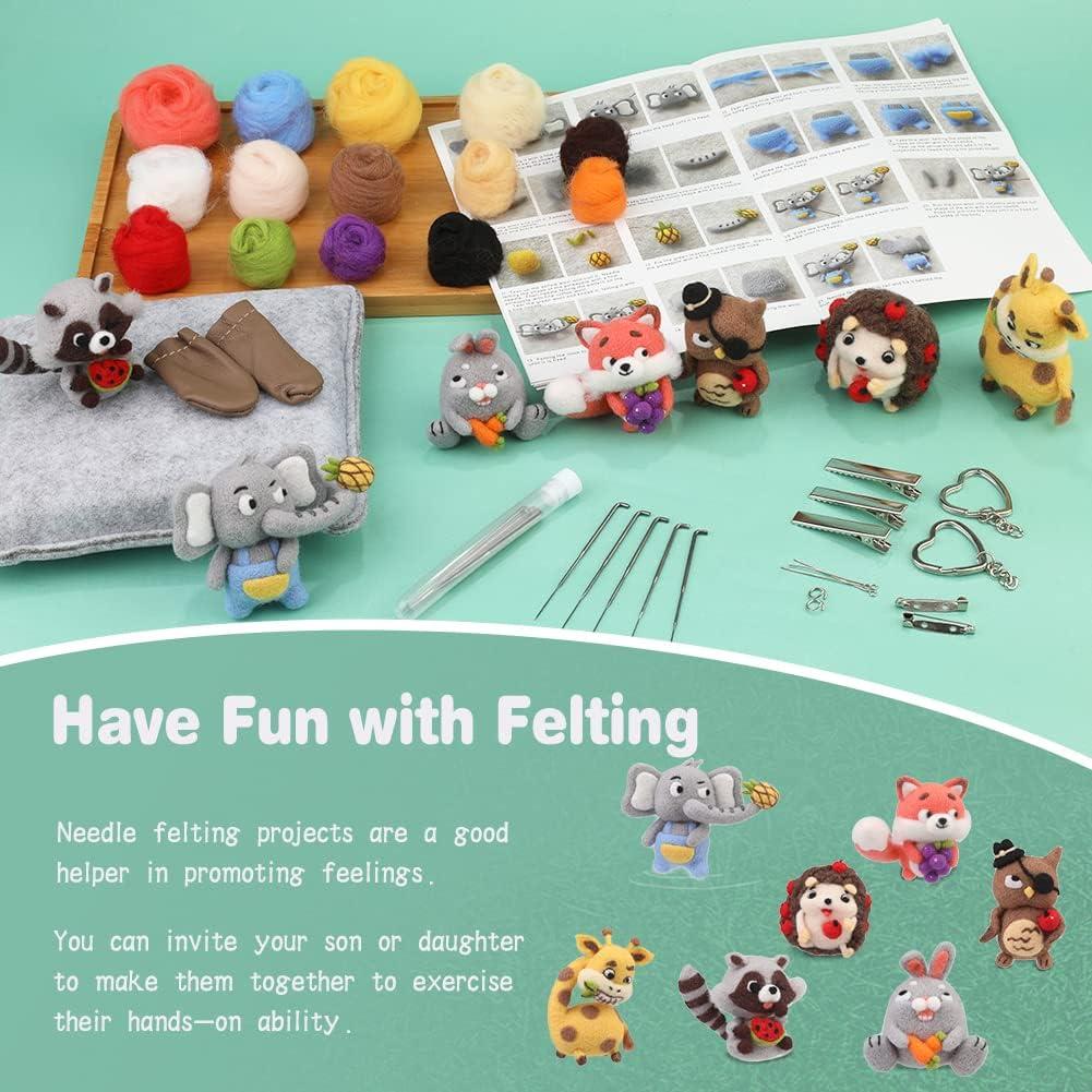 Jupean Needle Felting Kit Complete Needle Felting Tools for Starter 7 Types of Animal Doll Felting Kit with Wool Roving, Felting Needles, Foam Mat