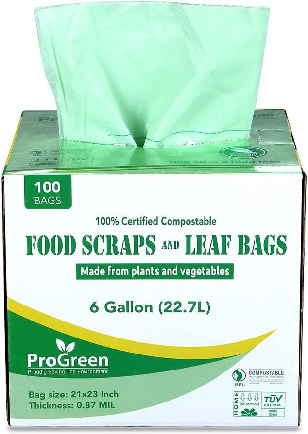 ProGreen 100 Compostable Bags 6 Gallon, Extra Thick 0.87 Mil, 100