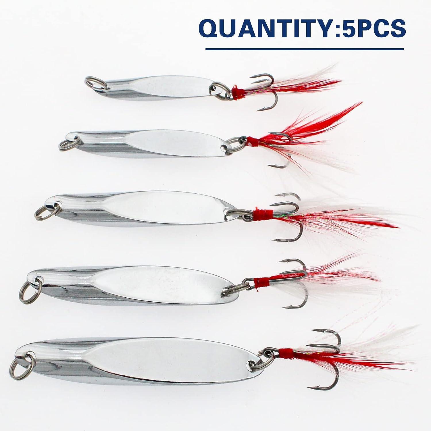 Fishing Lures Fishing Spoons Saltwater Treble Hooks Lures Hard Metal  Spinner Baits 5 Sizes Casting Spoon Lures for Salmon Bass in 1/5 oz 1/4 oz  3/8 oz 1/2 oz 3/4 oz Silver 20