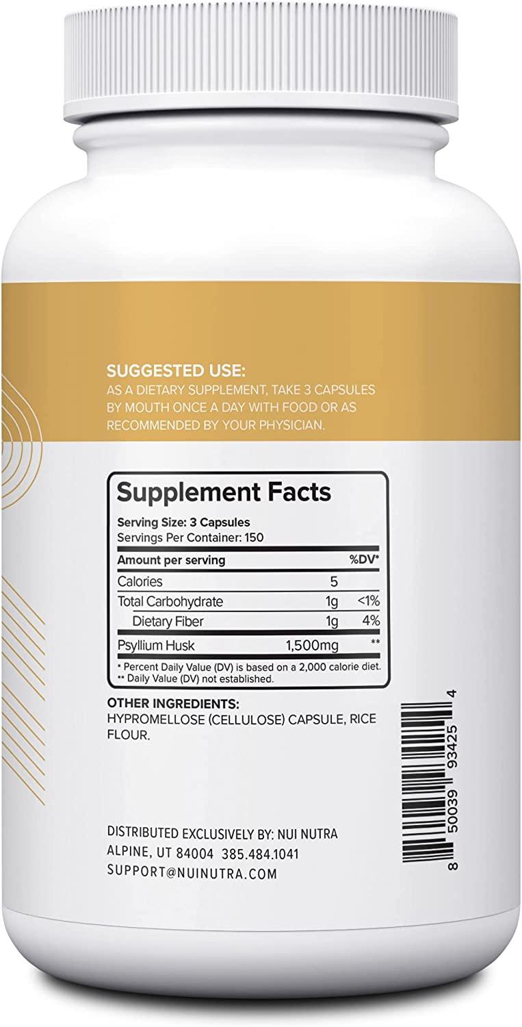Nui Nutra Psyllium Husk Supplement 1500mg 450 Capsules Soluble Fiber Digestive Support Pills