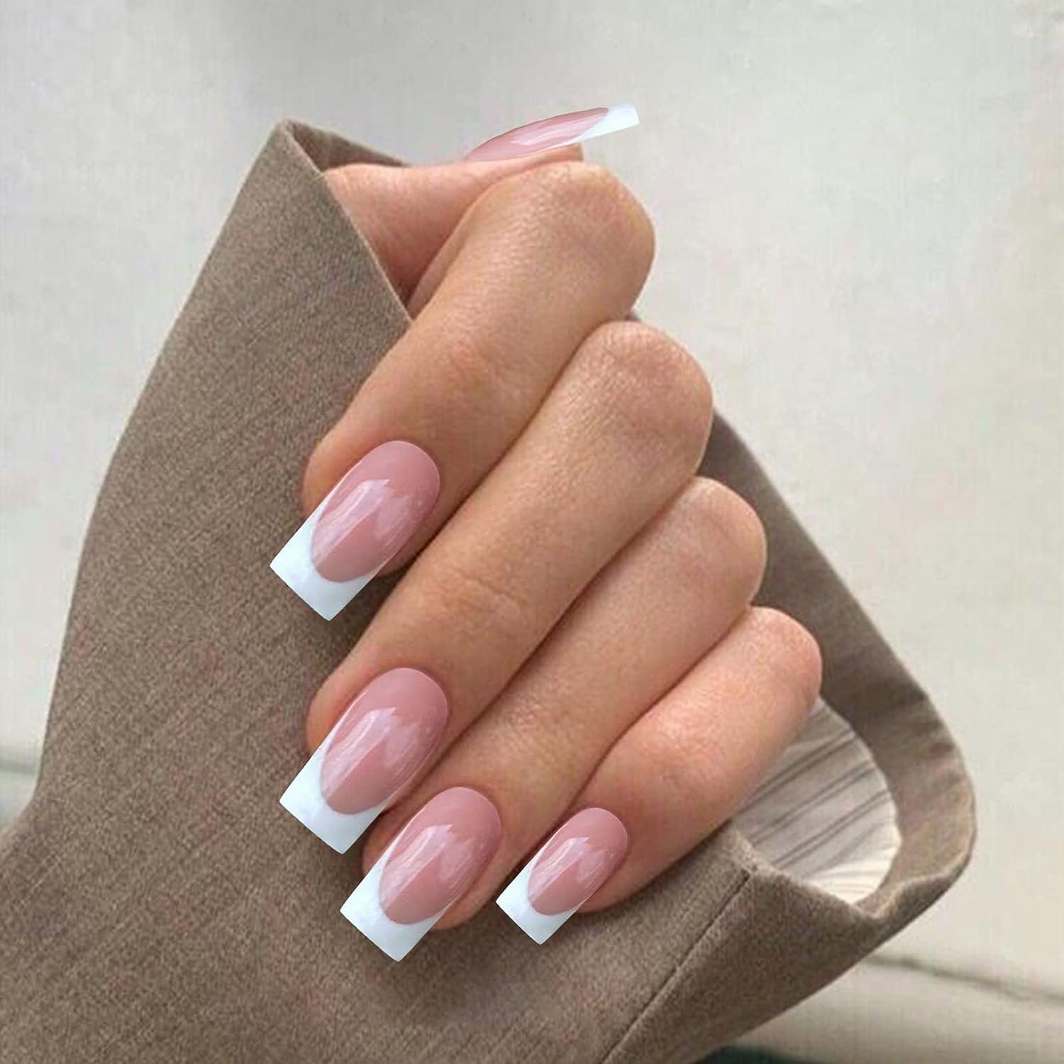 24 PCS Press on Nails Medium Length with Designs Chic Fashion Long Fake  Coffin Nails with Glue French Tip Acrylic Nails Ballerina - Walmart.com