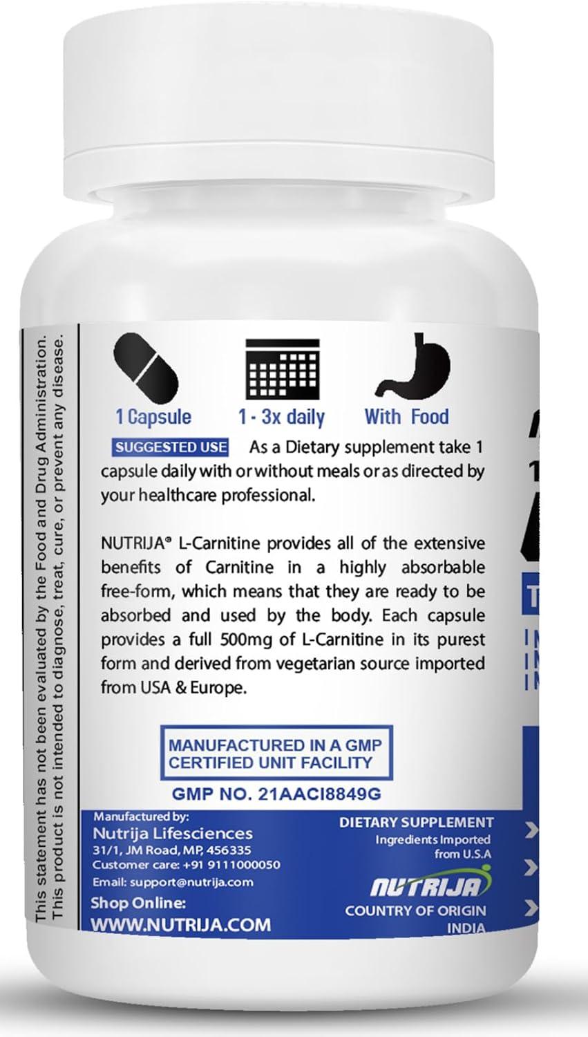 NutriJa L-Carnitine L-Tartrate 500mg Supplement | Converts Fat into Energy  Boosts Energy & Performance | Supports weight Loss