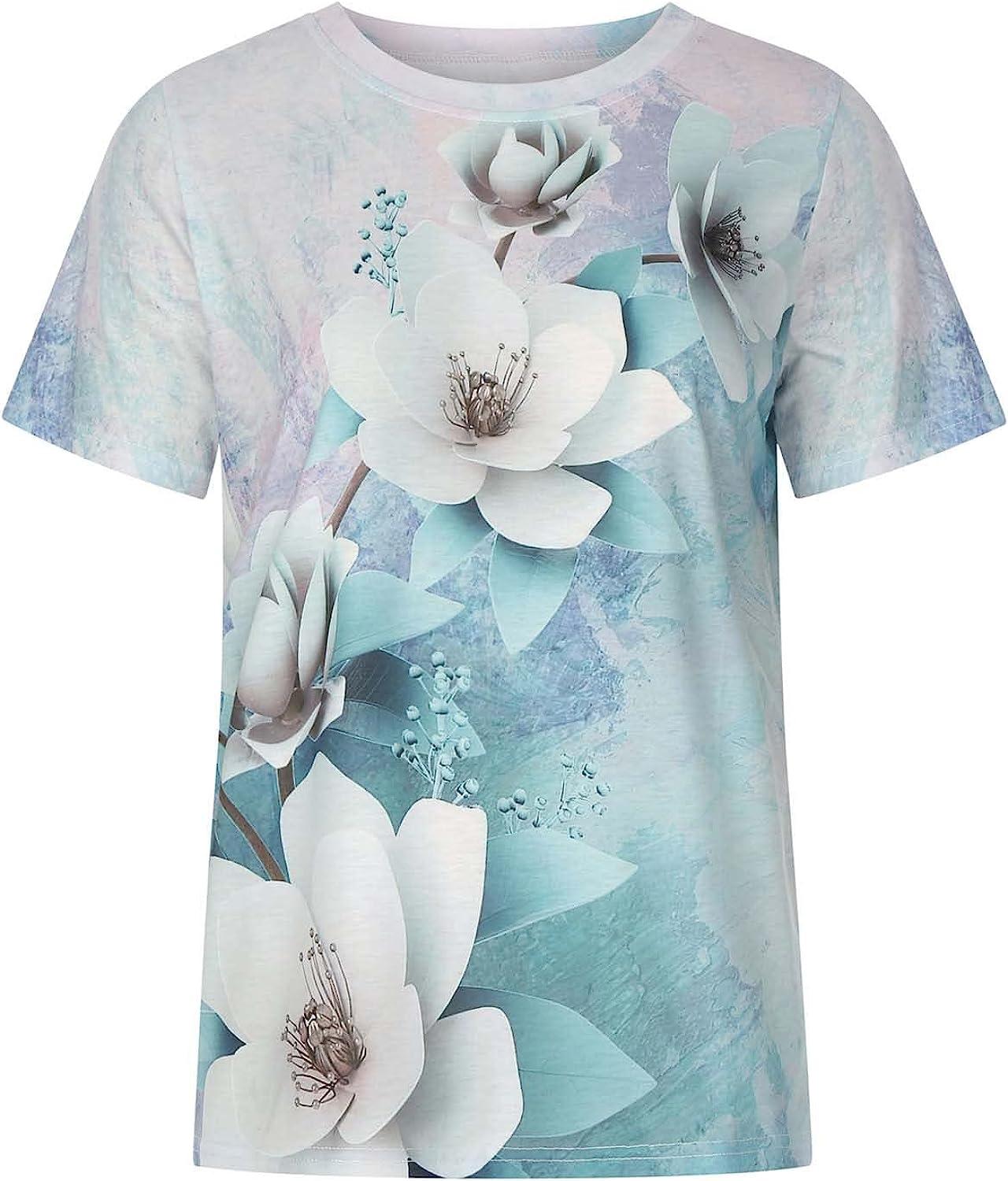 Floral Printed Casual Women's Summer Top Loose Fit Short Sleeve
