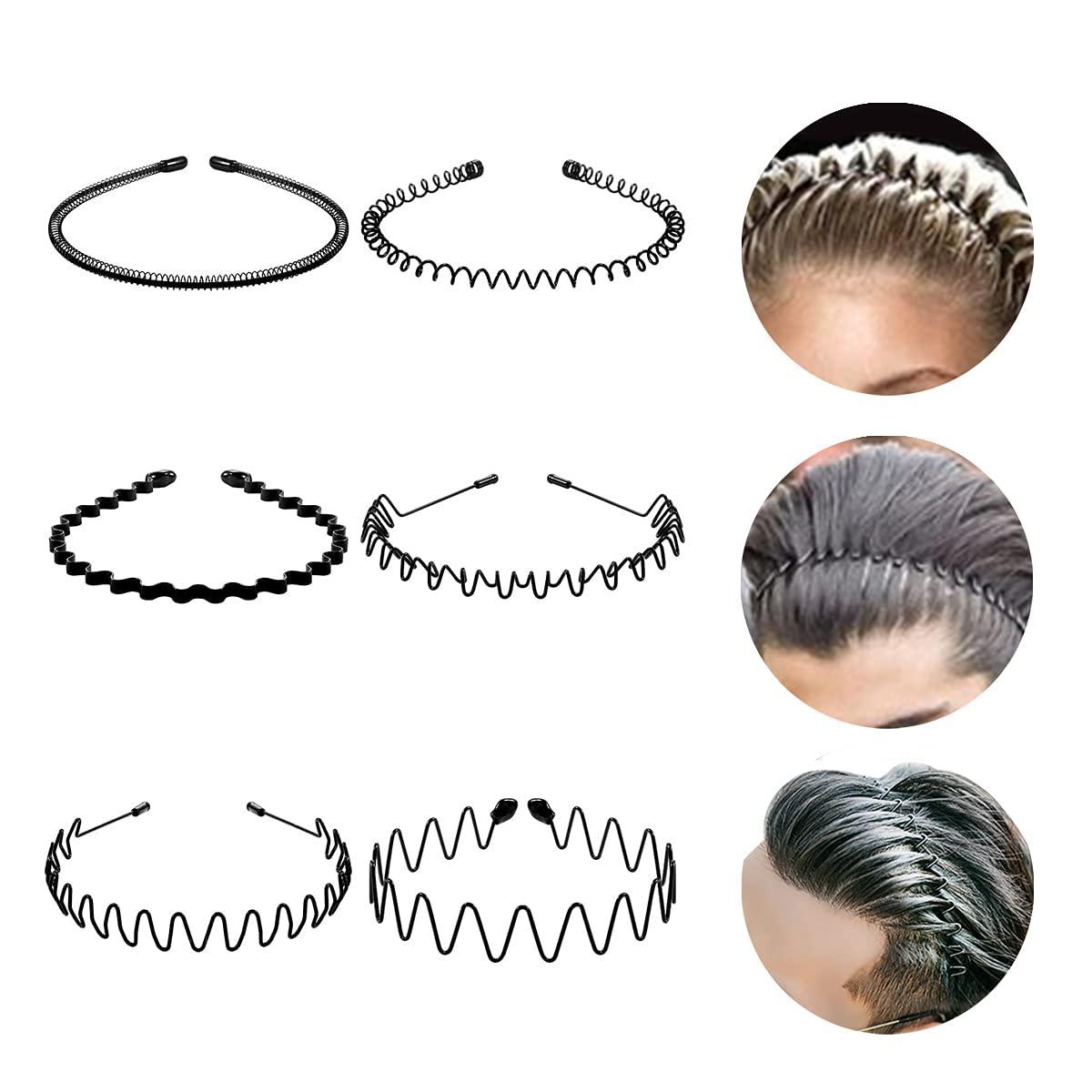 Metal Headbands for Men/Women, 90s Comb Headband Wavy Hairband Spring Hair  Hoop, Black Metal Unisex Male/Female Elastic Non Slip Hair Band, Pack of 6