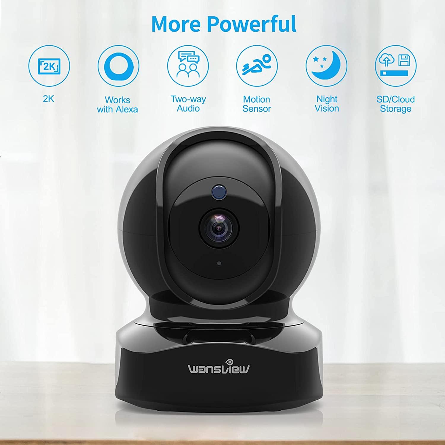 wansview Wireless Security Camera, IP Camera 2K, WiFi Home Indoor Camera  for Baby/Pet/Nanny, 2 Way Audio Night Vision, Works with Alexa, with TF  Card Slot and Cloud Black