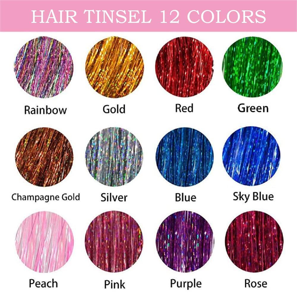Hair Tinsel Kit (48 inch, 16 Colors, 3200 strands), Glitter Sparkling Tinsel Hair Extensions with Tools, Heat Resistant Fairy Hair Tinsel Kit for
