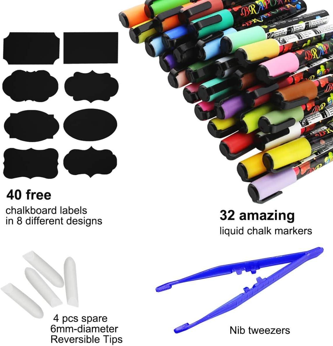 Brapork Liquid Chalk Markers Pack of 32 Color - For Chalkboard Signs,  Blackboards, Glass, Windows, Car Doodle 32-Colors