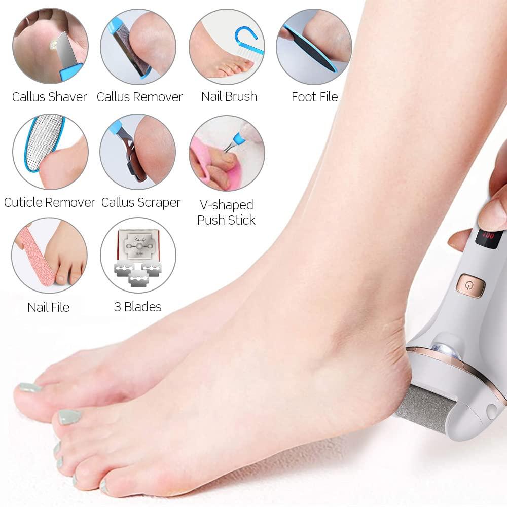 Electric Foot File Callus Remover, Electric Foot Callus Remover Kit,  Rechargeable Pedicure Tools Foot Care Feet File with 3 Roller Heads, 2  Speed, Battery Display for Men Women Salon or Home(White)