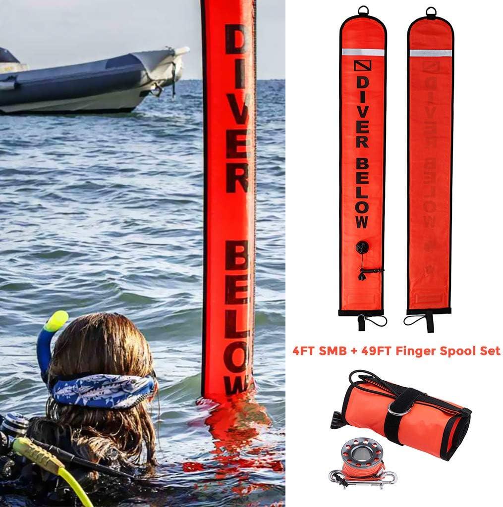 Seafard 4ft Scuba Diving Open Bottom Surface Marker Buoy (SMB) with 49ft  Finger Spool Alloy Dive Reel and Double Ended Bolt Clip 4FT Red SMB+Gray  Reel