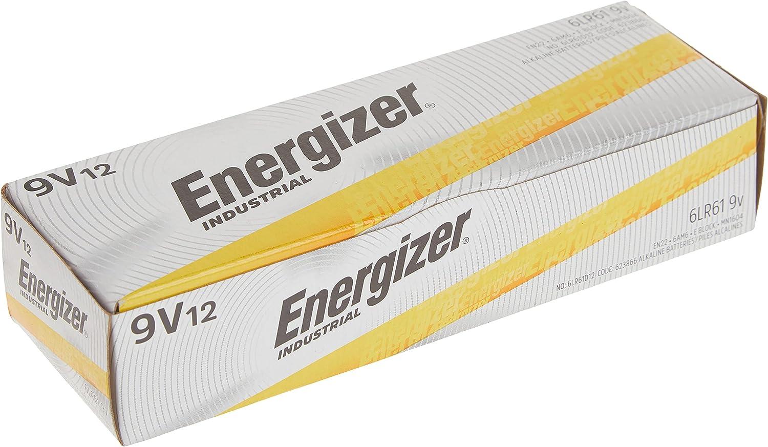 Energizer Industrial 9 Volt Batteries, Alkaline 9v Battery (12