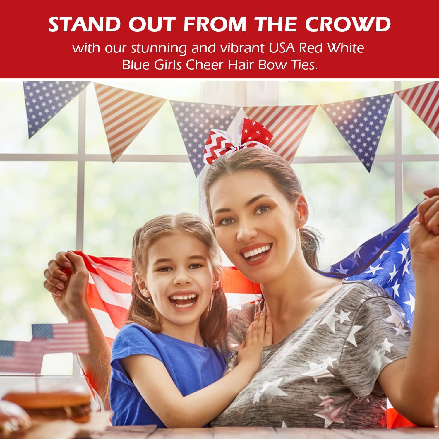 USA Red White Blue Girls Cheer Hair Bow Ties America Flag Glitter