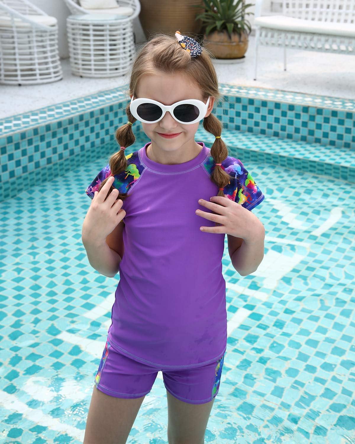 Kids UPF 50+ Rash Guard Swimsuit Set - Short Sleeve Top & Leggings, Unicorn Print | Sun Protection For Boys & Girls (Age 5-14)