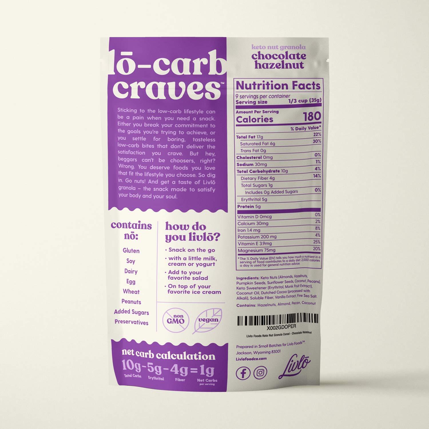 Livlo Chocolate Hazelnut Keto Granola 1g Net Carbs Grain Free