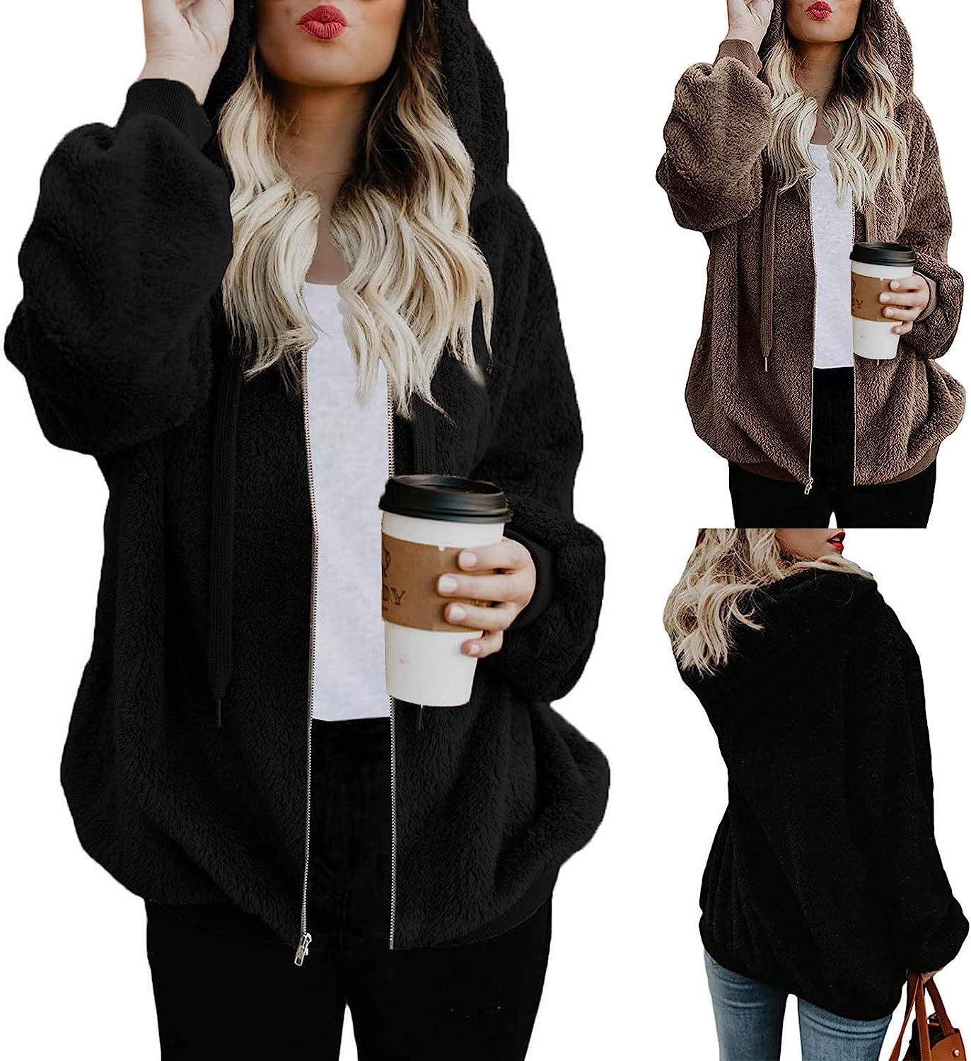 Winter Coats for Women Warm Plush Zip Up Drawstring Hoodies Long Sleeve  Hooded Jacket Solid Plus Size Overcoat 5X-Large Brown