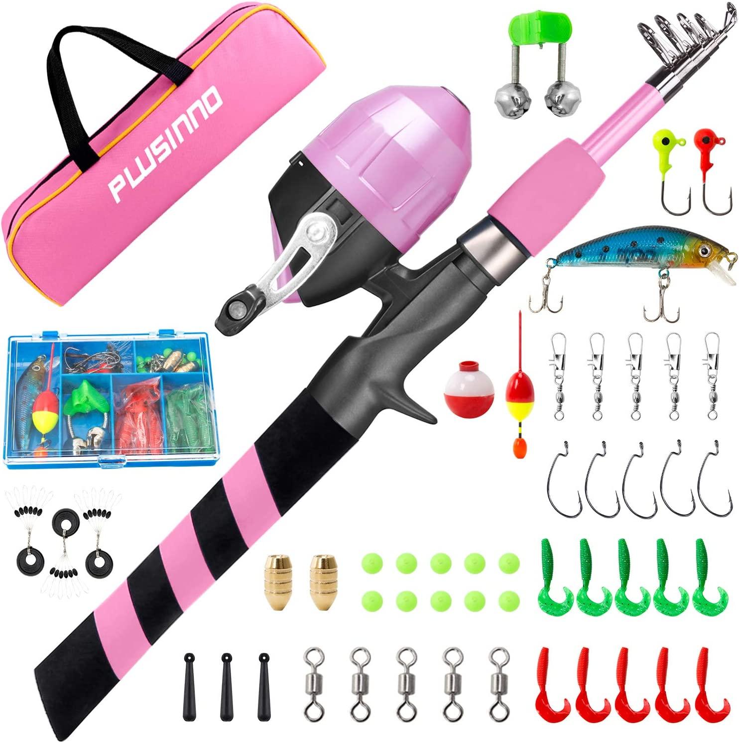 Kids Fishing Pole Pink, Portable Telescopic Fishing Rod and Reel Combo Kit  - with Spincast Fishing Reel Tackle Box for Girls, Youth